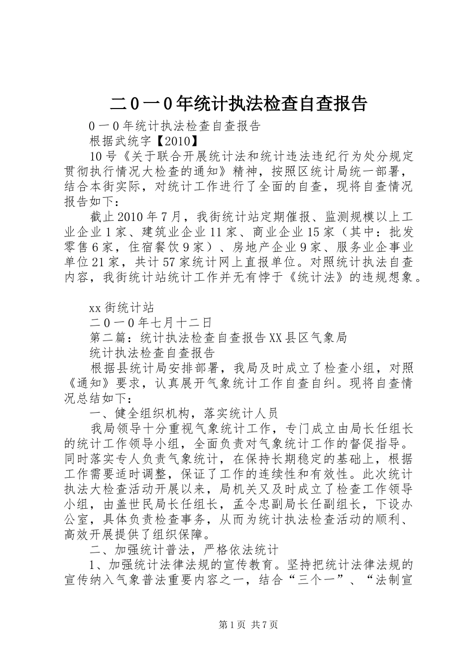 二0一0年统计执法检查自查报告_第1页