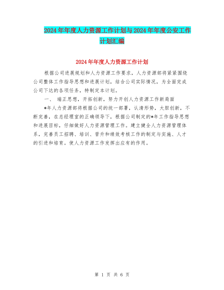 2024年年度人力资源工作计划与2024年年度公安工作计划汇编_第1页