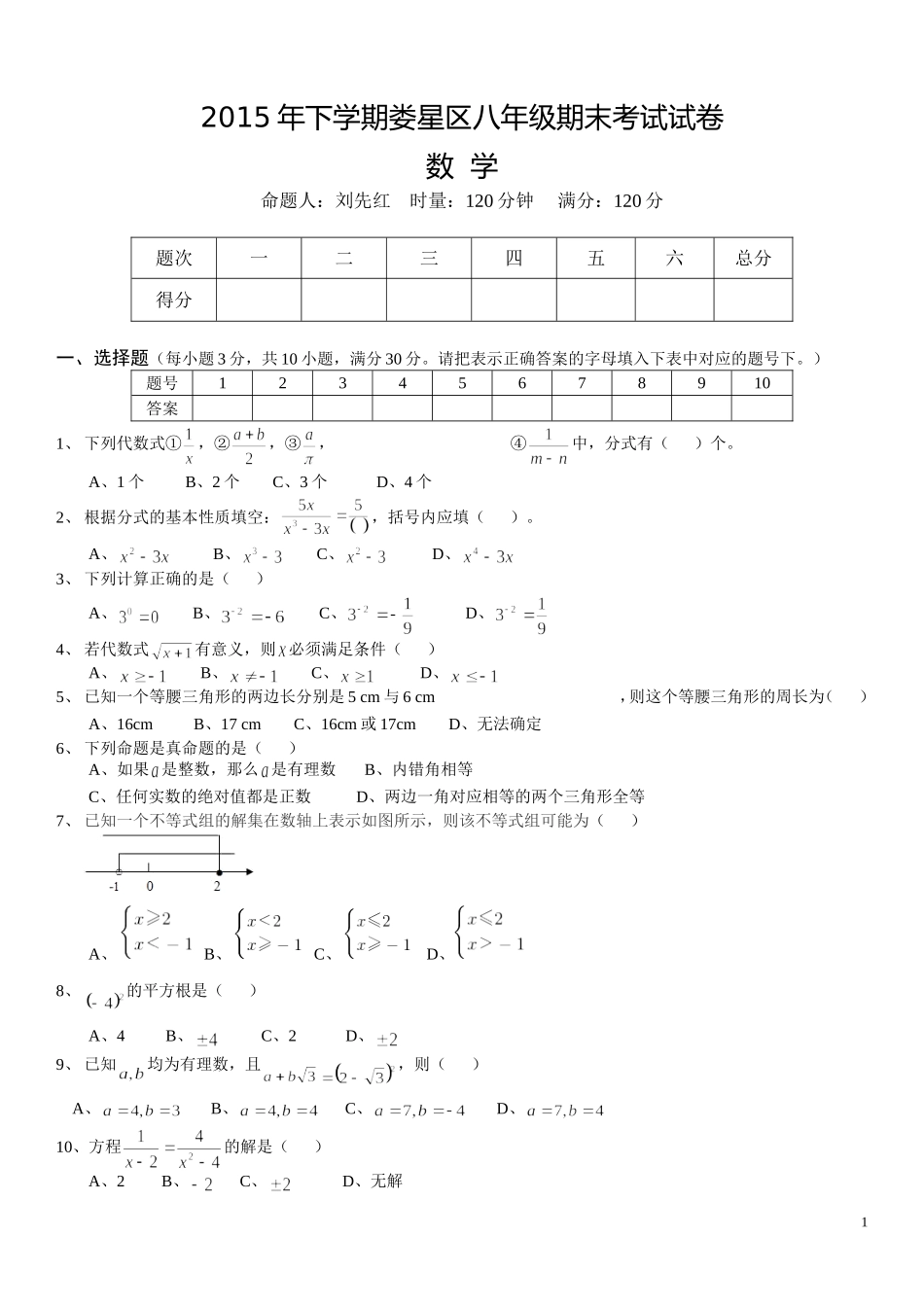 2015年下学期娄星区八年级期末试卷_第1页