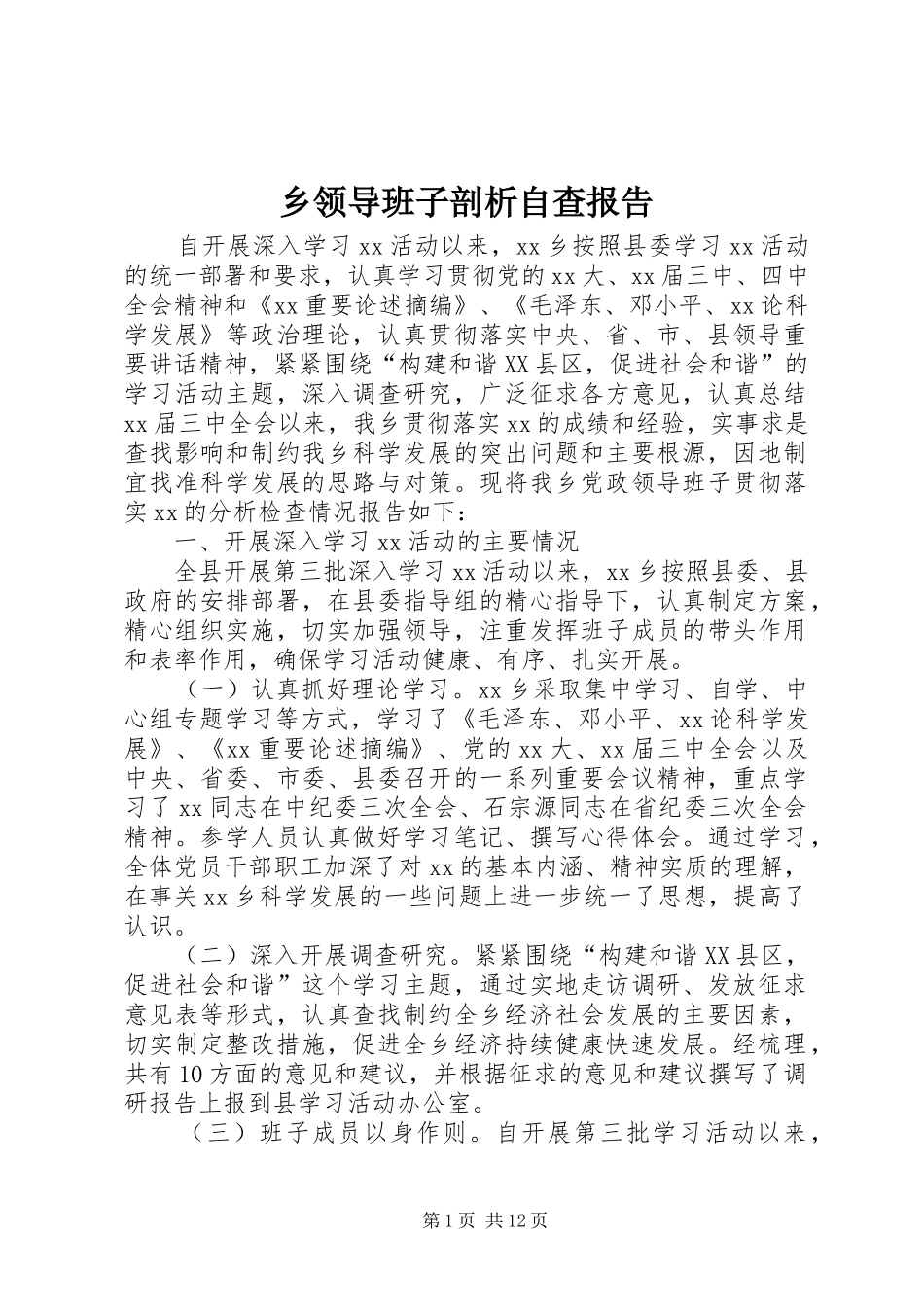 乡领导班子剖析自查报告_第1页