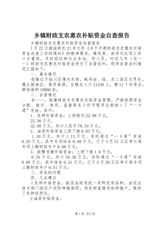 乡镇财政支农惠农补贴资金自查报告