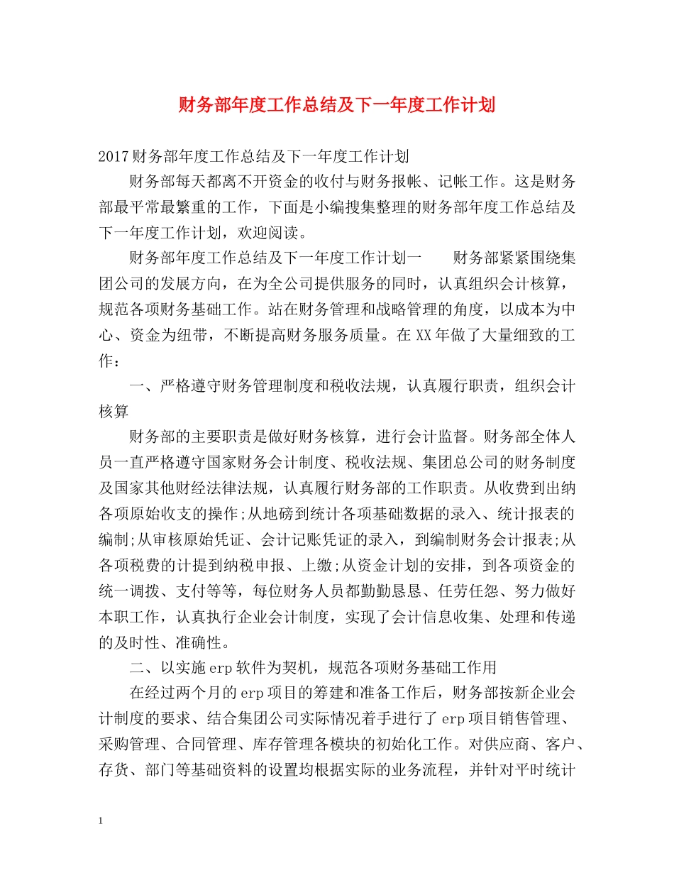 财务部年度工作总结及下一年度工作计划 _第1页