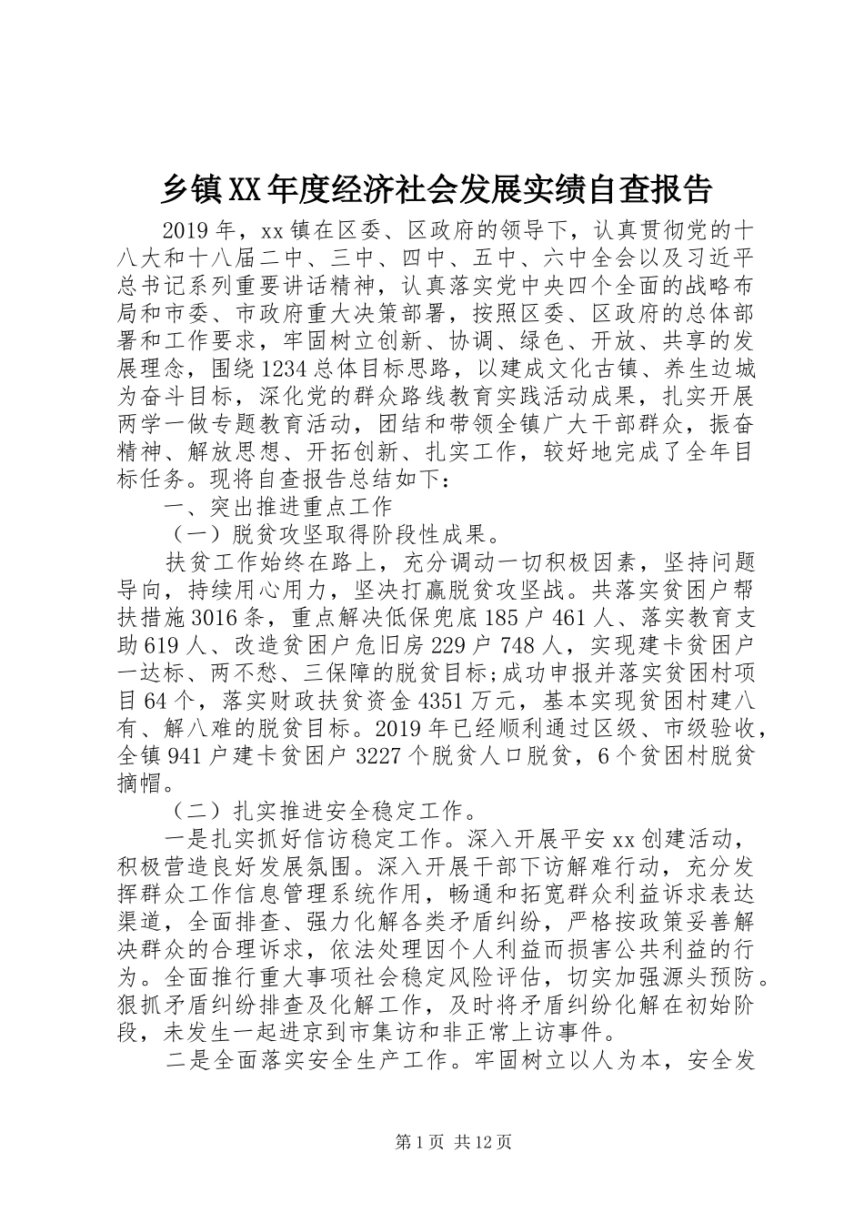 乡镇XX年度经济社会发展实绩自查报告_第1页