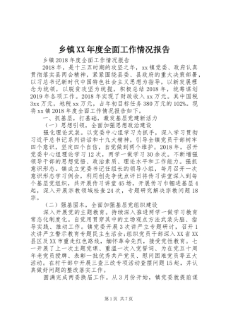 乡镇XX年度全面工作情况报告