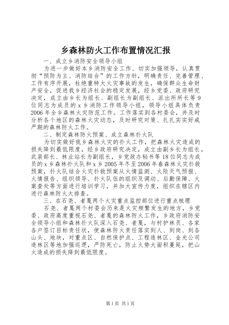 乡森林防火工作布置情况汇报_第1页