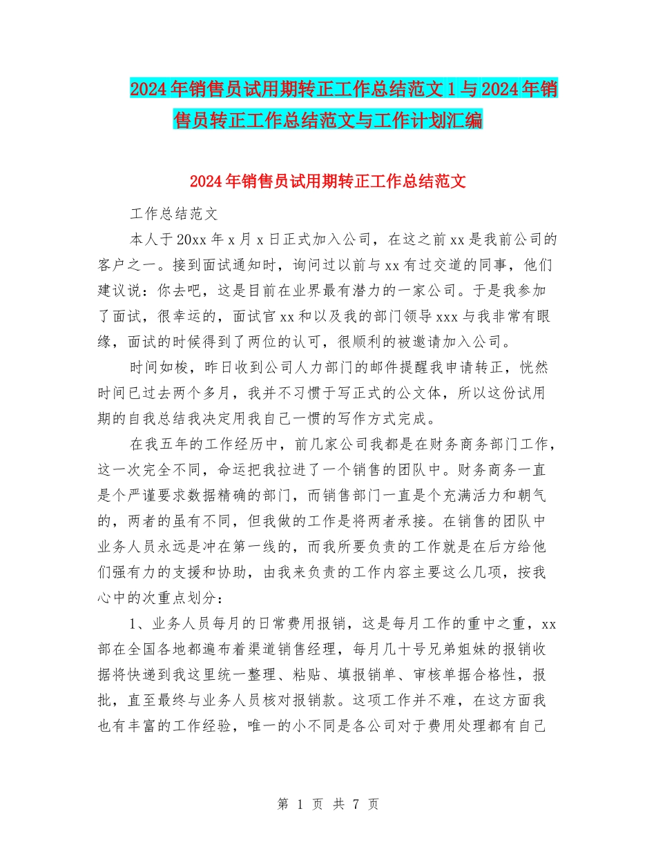 2024年销售员试用期转正工作总结范文1与2024年销售员转正工作总结范文与工作计划汇编_第1页