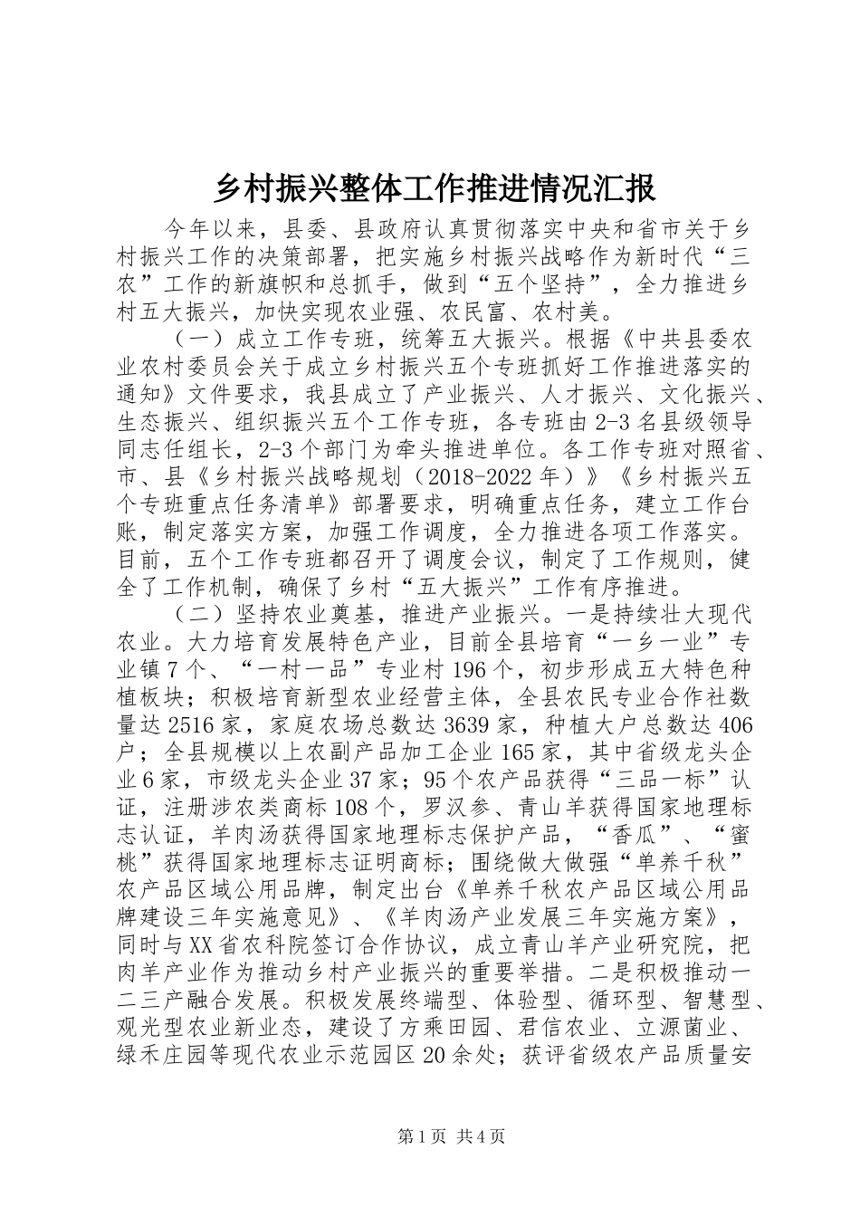 乡村振兴整体工作推进情况汇报_第1页
