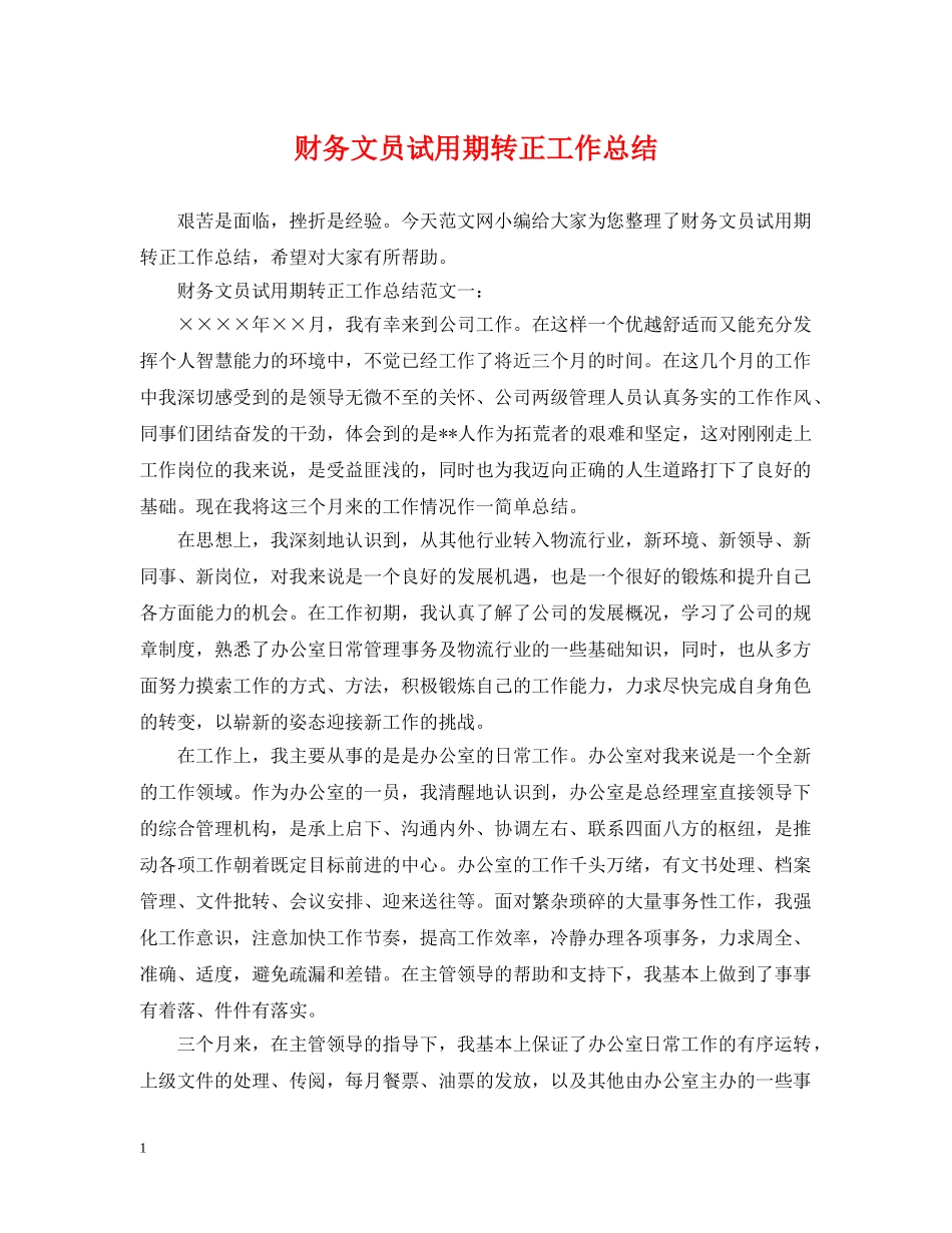 财务文员试用期转正工作总结 _第1页