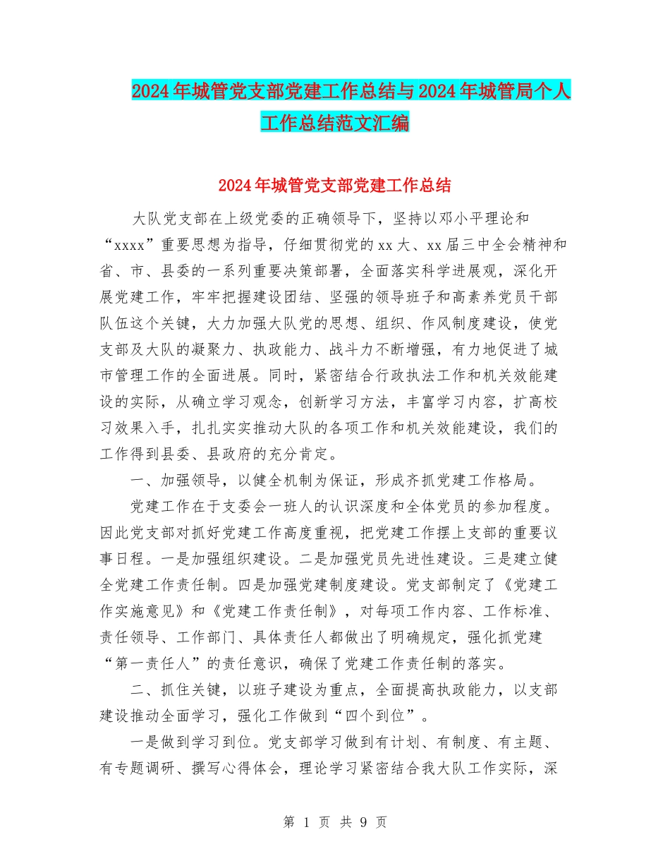 2024年城管党支部党建工作总结与2024年城管局个人工作总结范文汇编_第1页