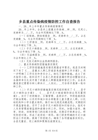 乡县重点传染病疫情防控工作自查报告