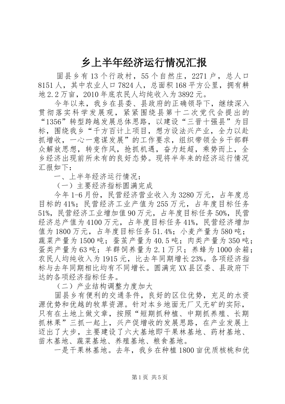 乡上半年经济运行情况汇报_第1页
