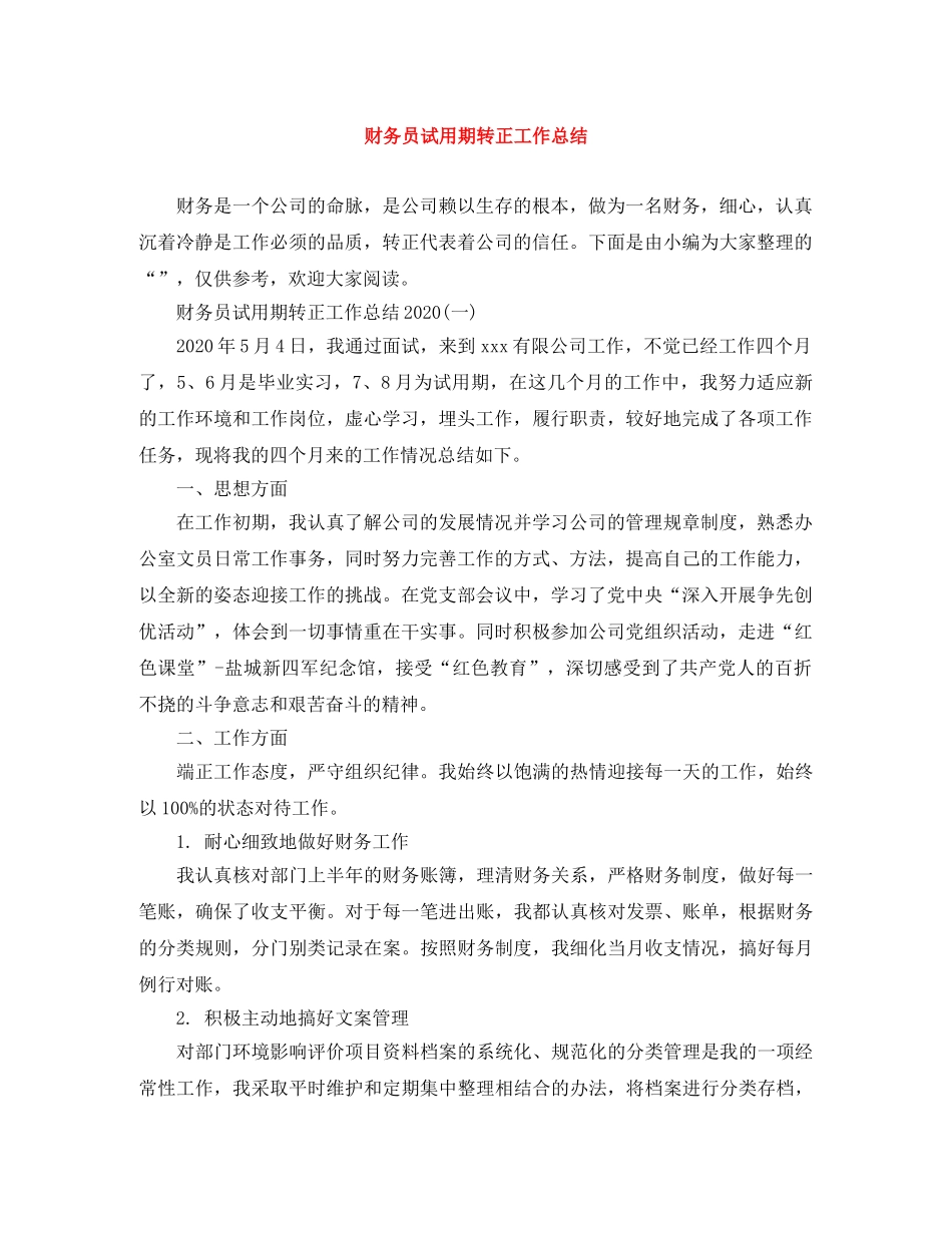 财务员试用期转正工作总结 _第1页