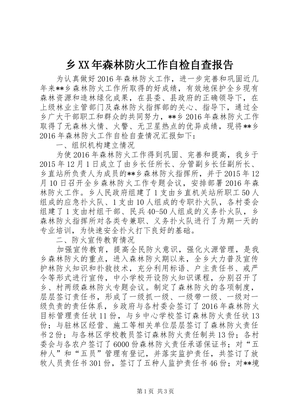 乡XX年森林防火工作自检自查报告_第1页