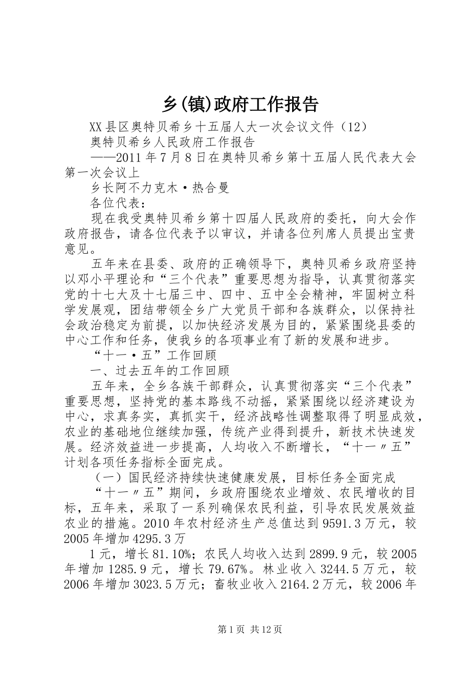 乡(镇)政府工作报告_第1页