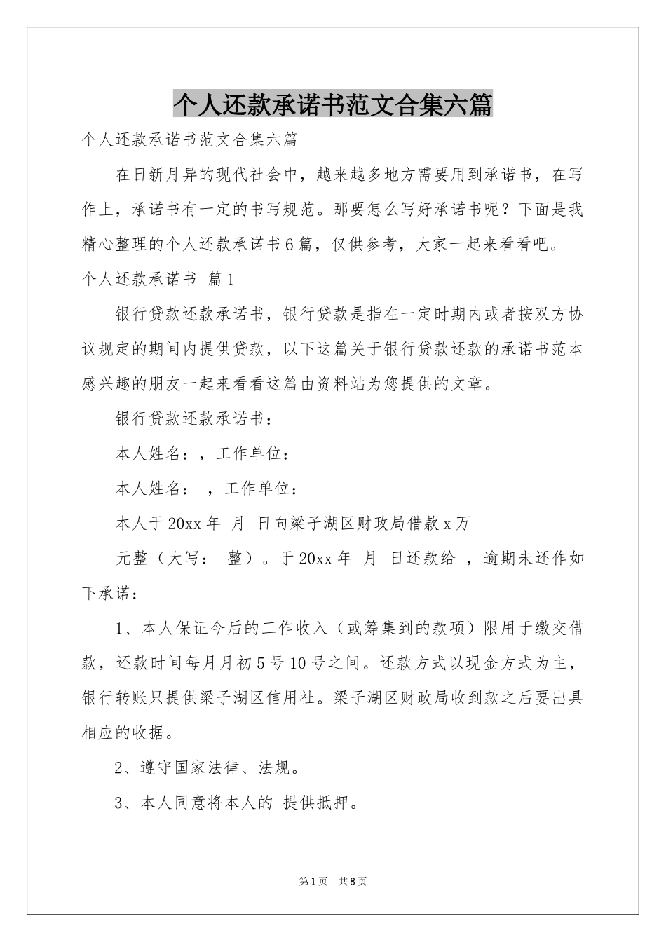 个人还款承诺书范本合集六篇_第1页
