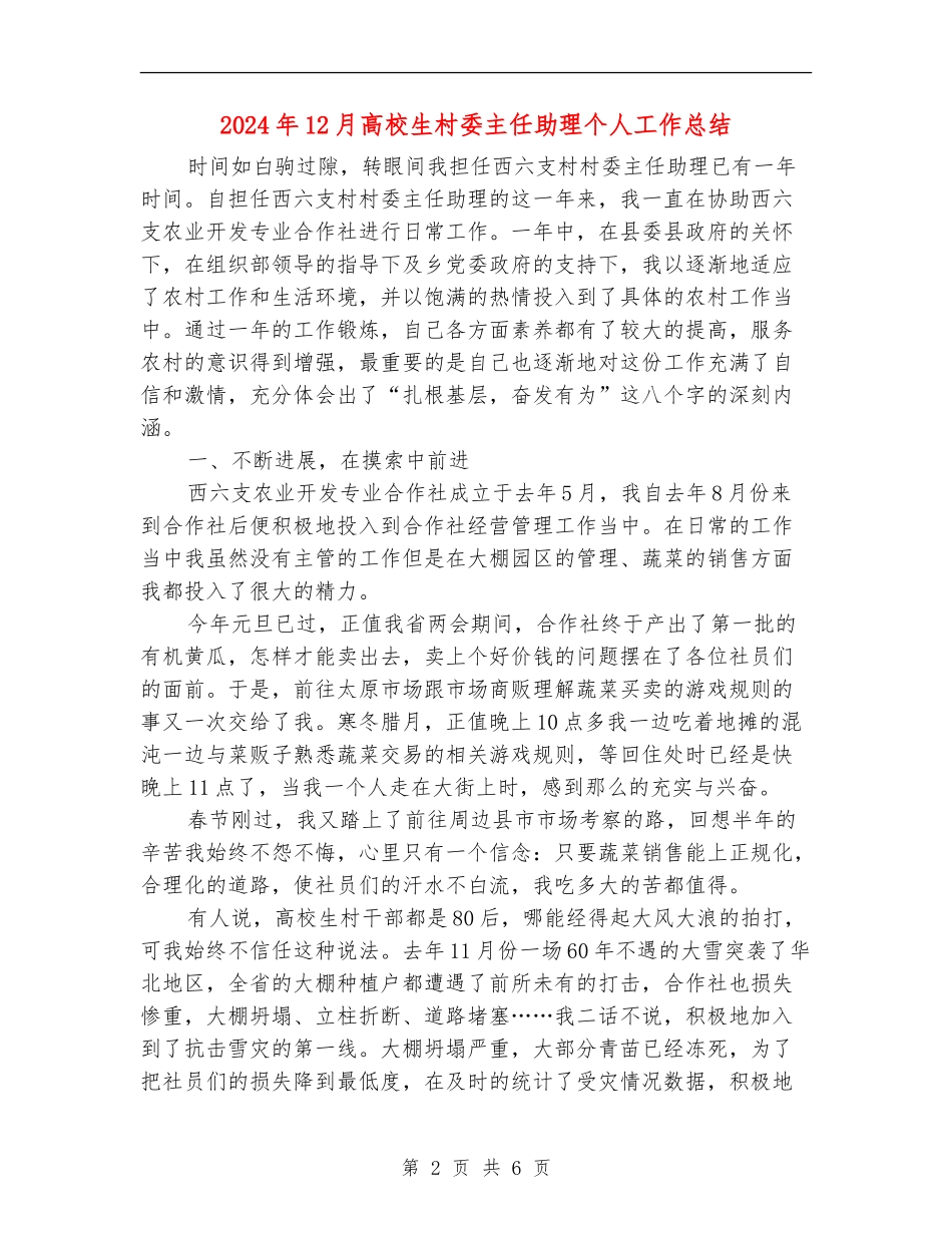 2024年12月大学生村委主任助理个人工作总结_第2页
