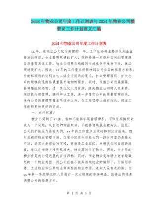 2024年物业公司年度工作计划表与2024年物业公司楼管员工作计划范文汇编