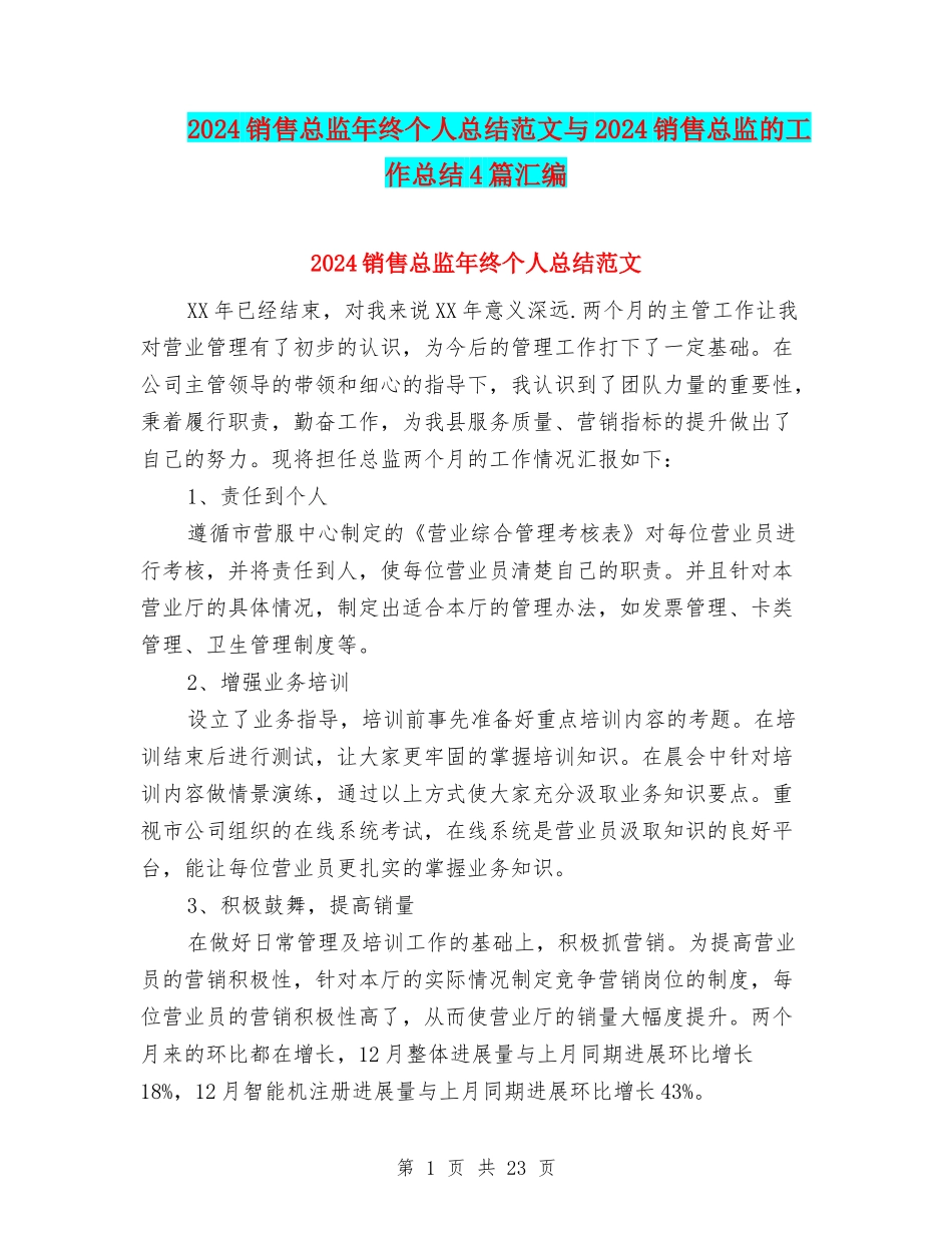 2024销售总监年终个人总结范文与2024销售总监的工作总结4篇汇编_第1页
