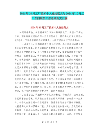 2024年10月工厂技术个人总结范文与2024年10月工厂车间职员工作总结范文汇编