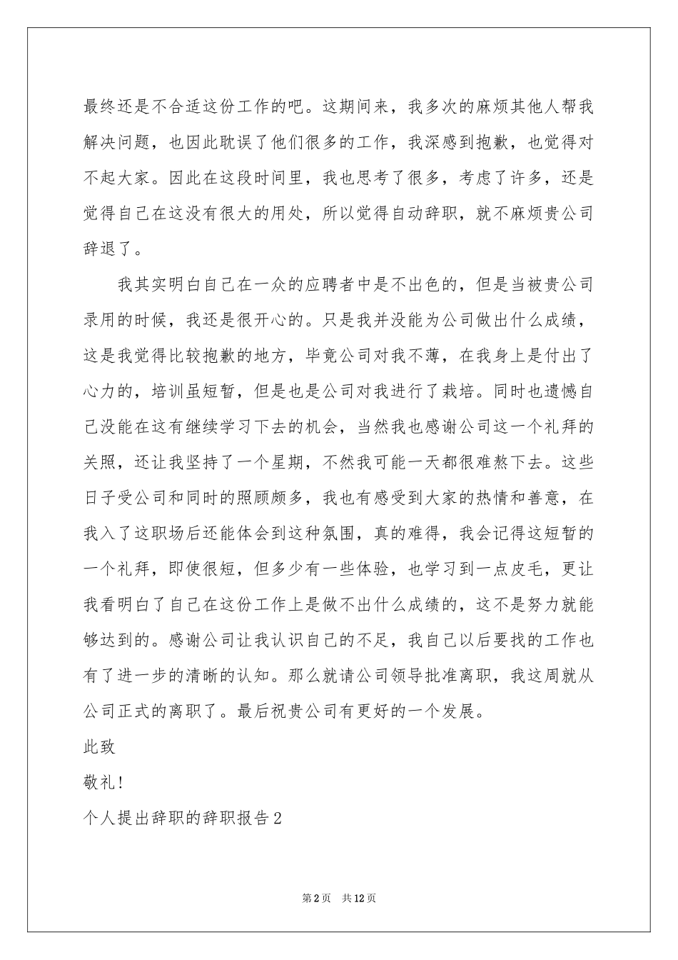 个人提出辞职的辞职报告_第2页