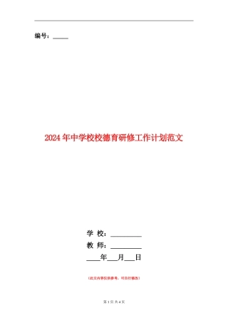 2024年中小学校德育研修工作计划范文