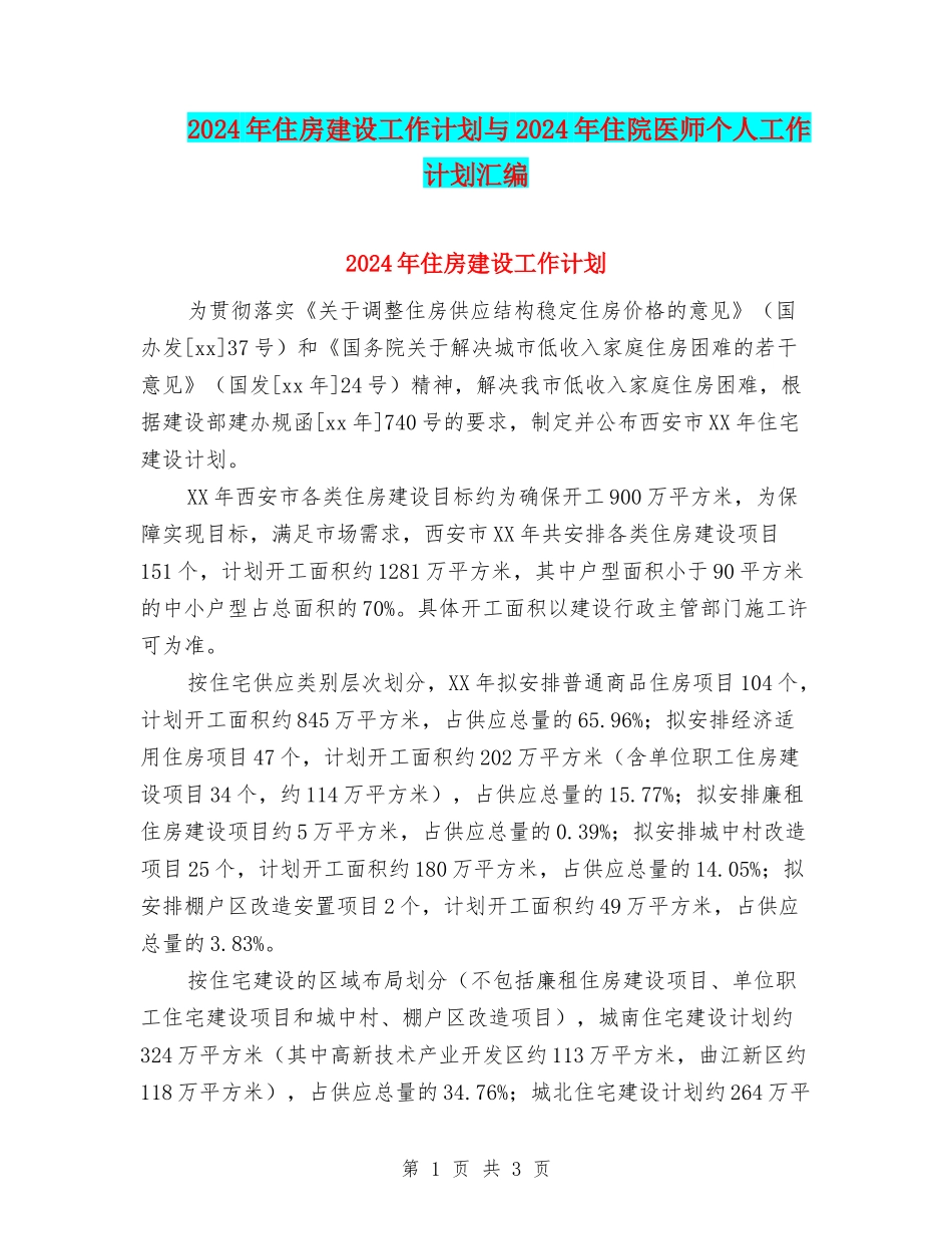 2024年住房建设工作计划与2024年住院医师个人工作计划汇编_第1页