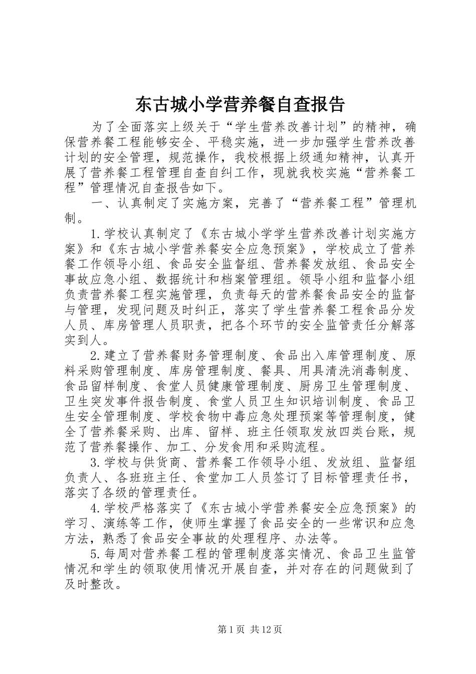 东古城小学营养餐自查报告_第1页