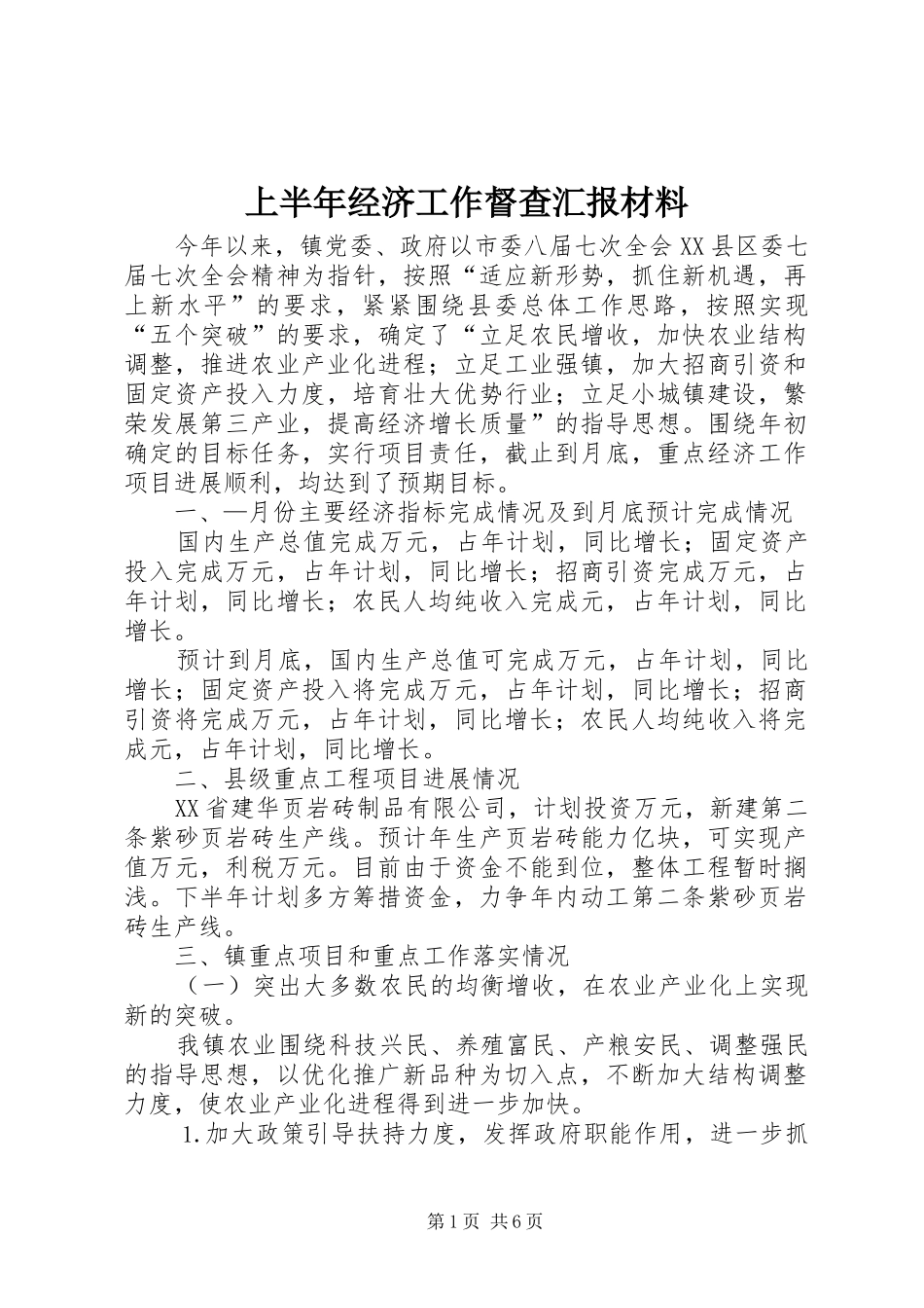 上半年经济工作督查汇报材料_第1页