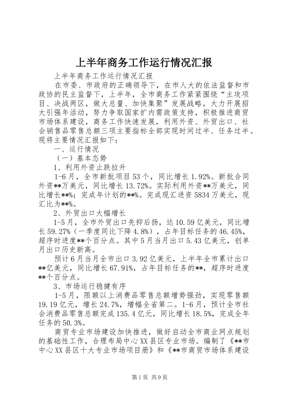 上半年商务工作运行情况汇报_第1页