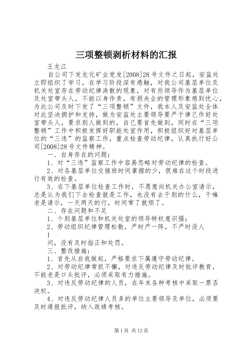 三项整顿剥析材料的汇报_第1页