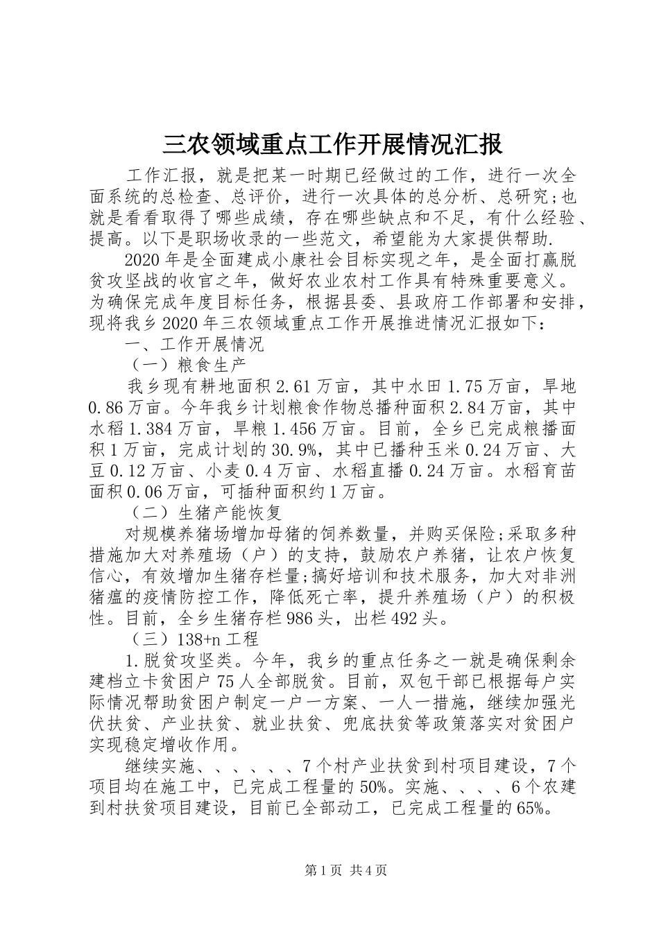 三农领域重点工作开展情况汇报_第1页
