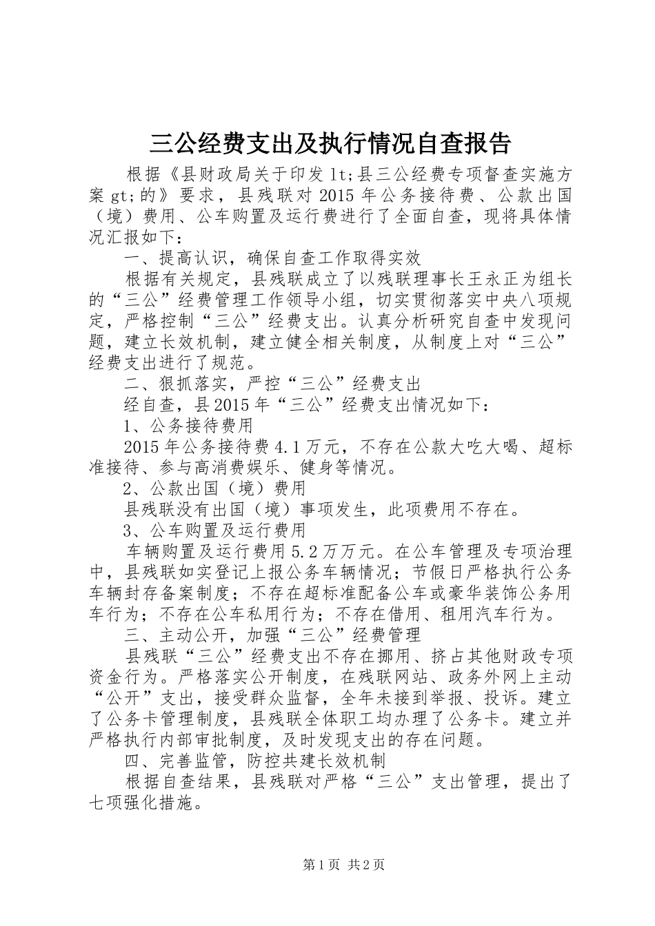 三公经费支出及执行情况自查报告_第1页