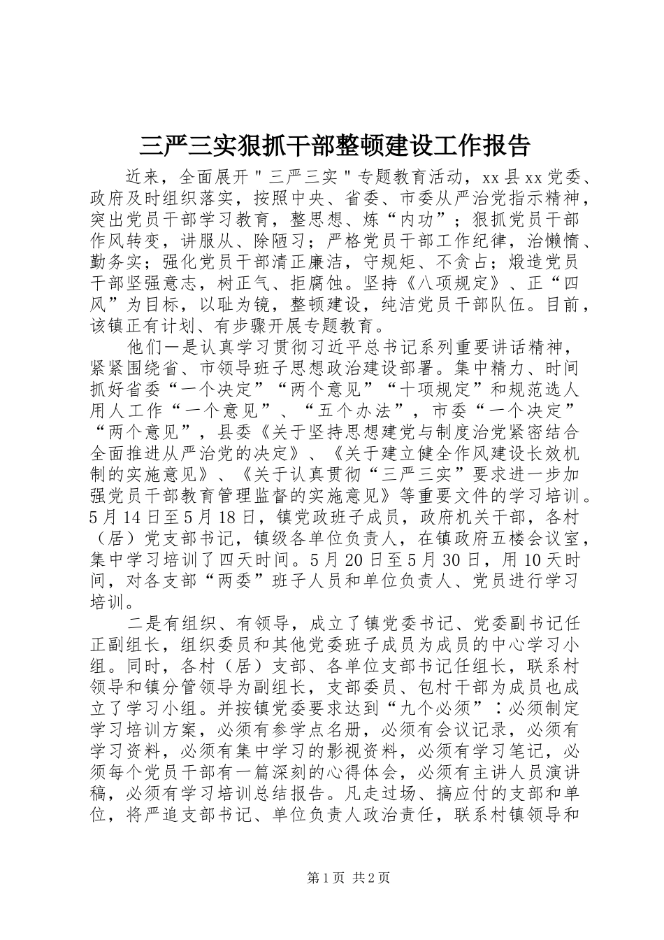 三严三实狠抓干部整顿建设工作报告_第1页