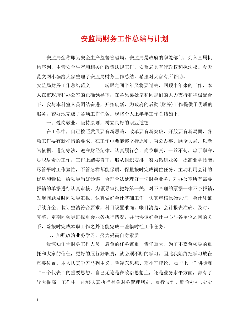 安监局财务工作总结与计划 _第1页