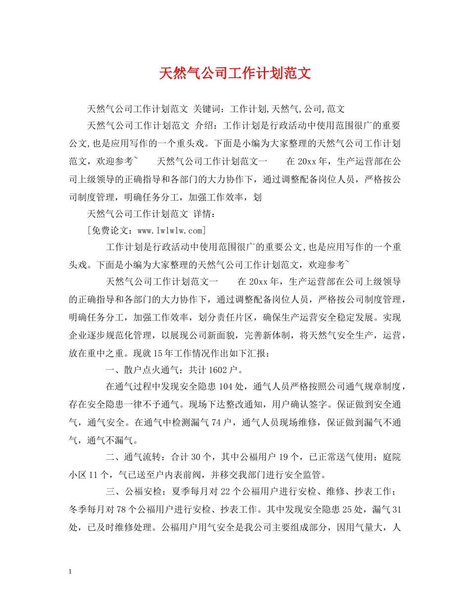 天然气公司工作计划范文 _第1页