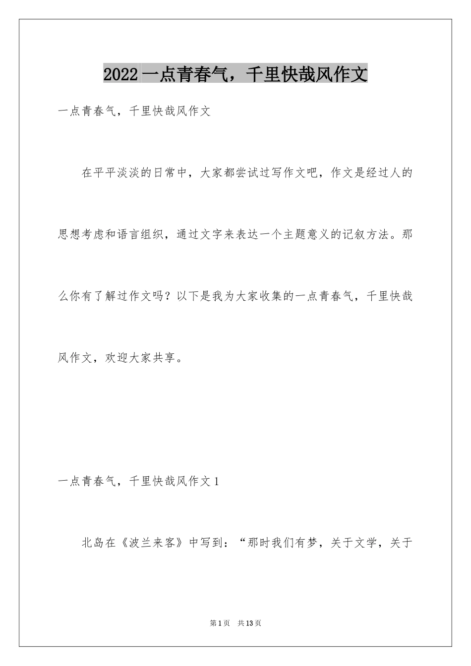 2024一点青春气，千里快哉风作文_第1页