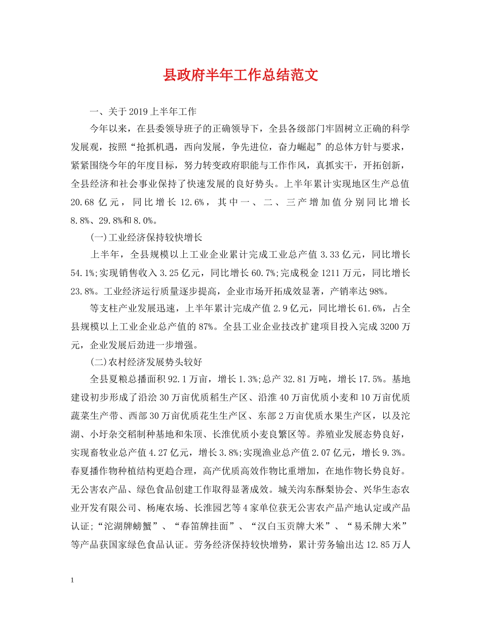 县政府半年工作总结范文 _第1页