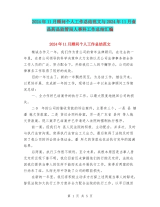 2024年11月顾问个人工作总结范文与2024年11月食品药品监管局人事科工作总结汇编