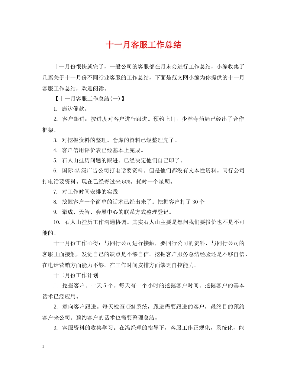 十一月客服工作总结 _第1页