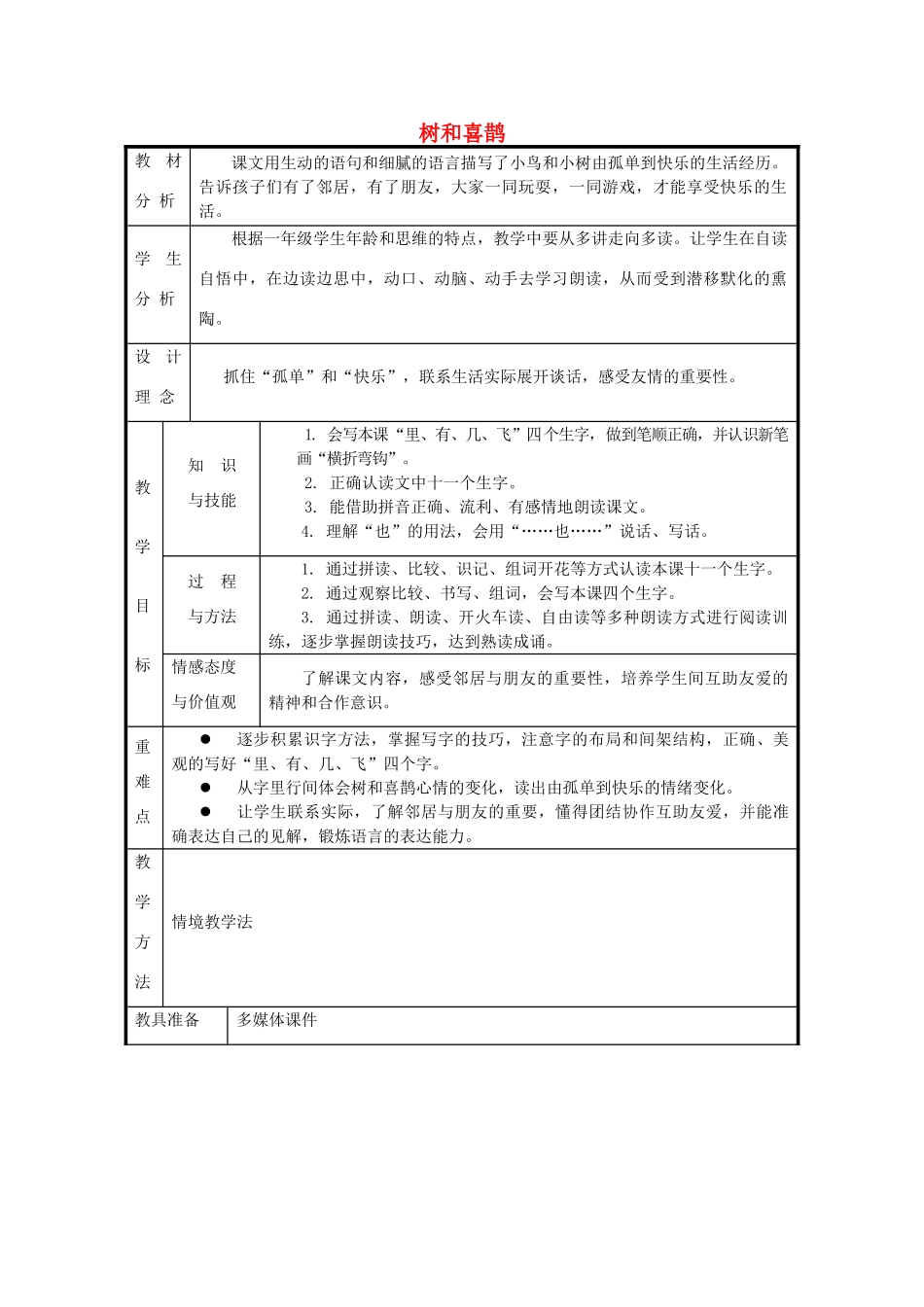 秋一年级语文上册《树和喜鹊》教案 冀教版-冀教版小学一年级上册语文教案_第1页