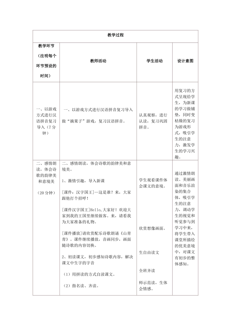 秋一年级语文上册 第3课《山青青》教学设计 冀教版-冀教版小学一年级上册语文教案_第2页