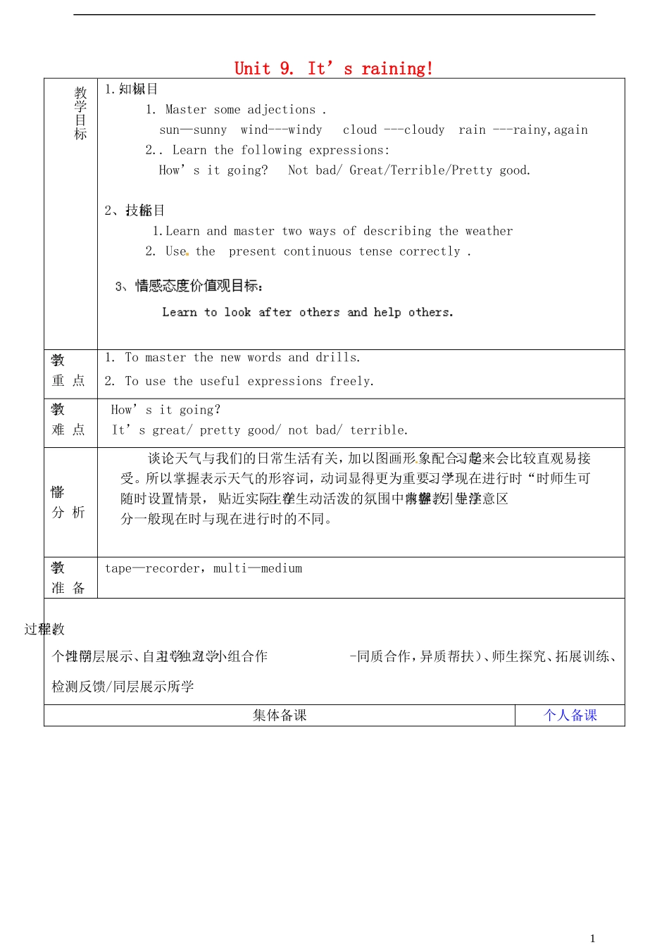 山东省淄博市临淄区第八中学六年级英语下册 Unit 9 It's raining（第3课时）教学设计 鲁教版五四制_第1页