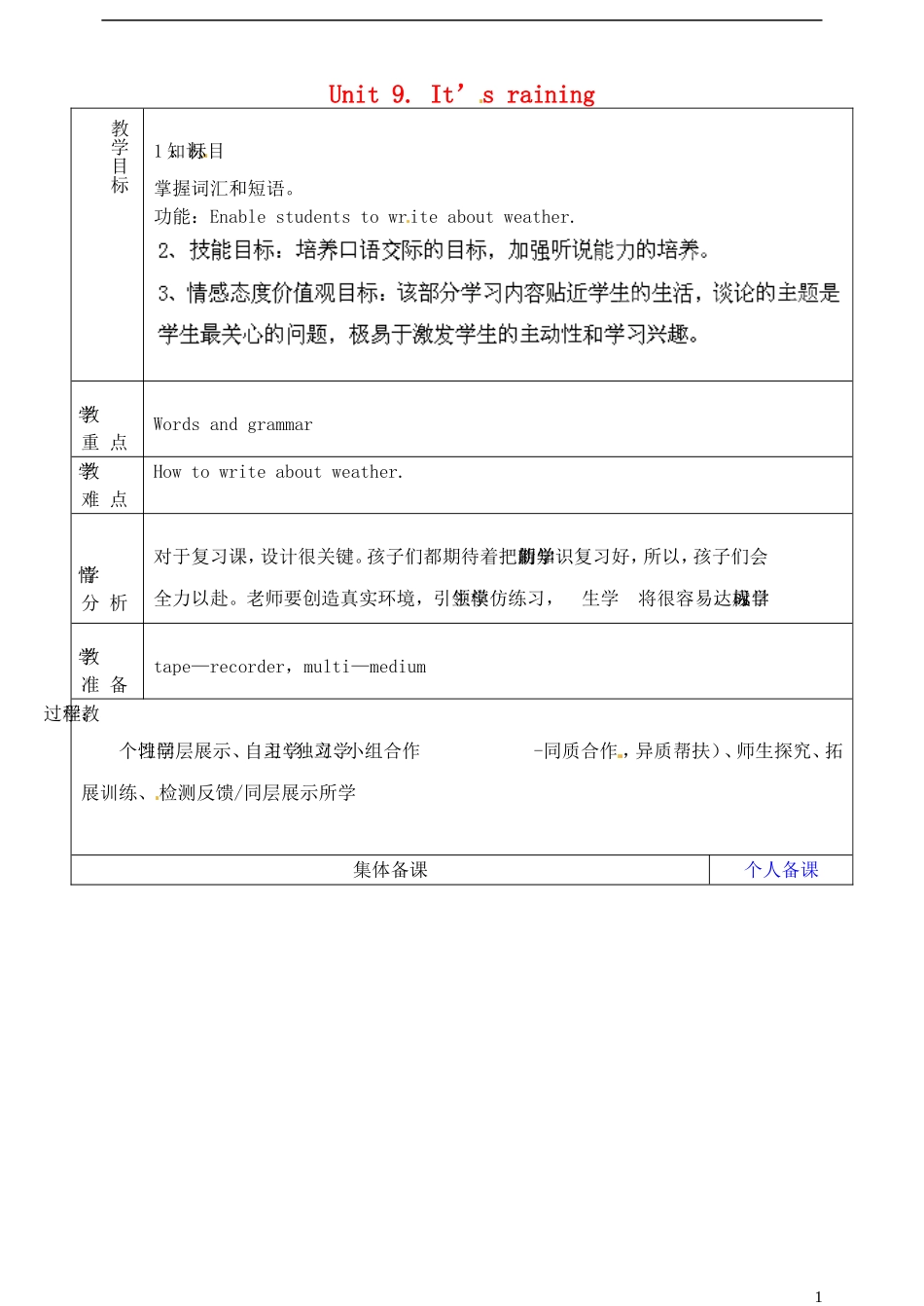 山东省淄博市临淄区第八中学六年级英语下册 Unit 9 It's raining（第6课时）教学设计 鲁教版五四制_第1页