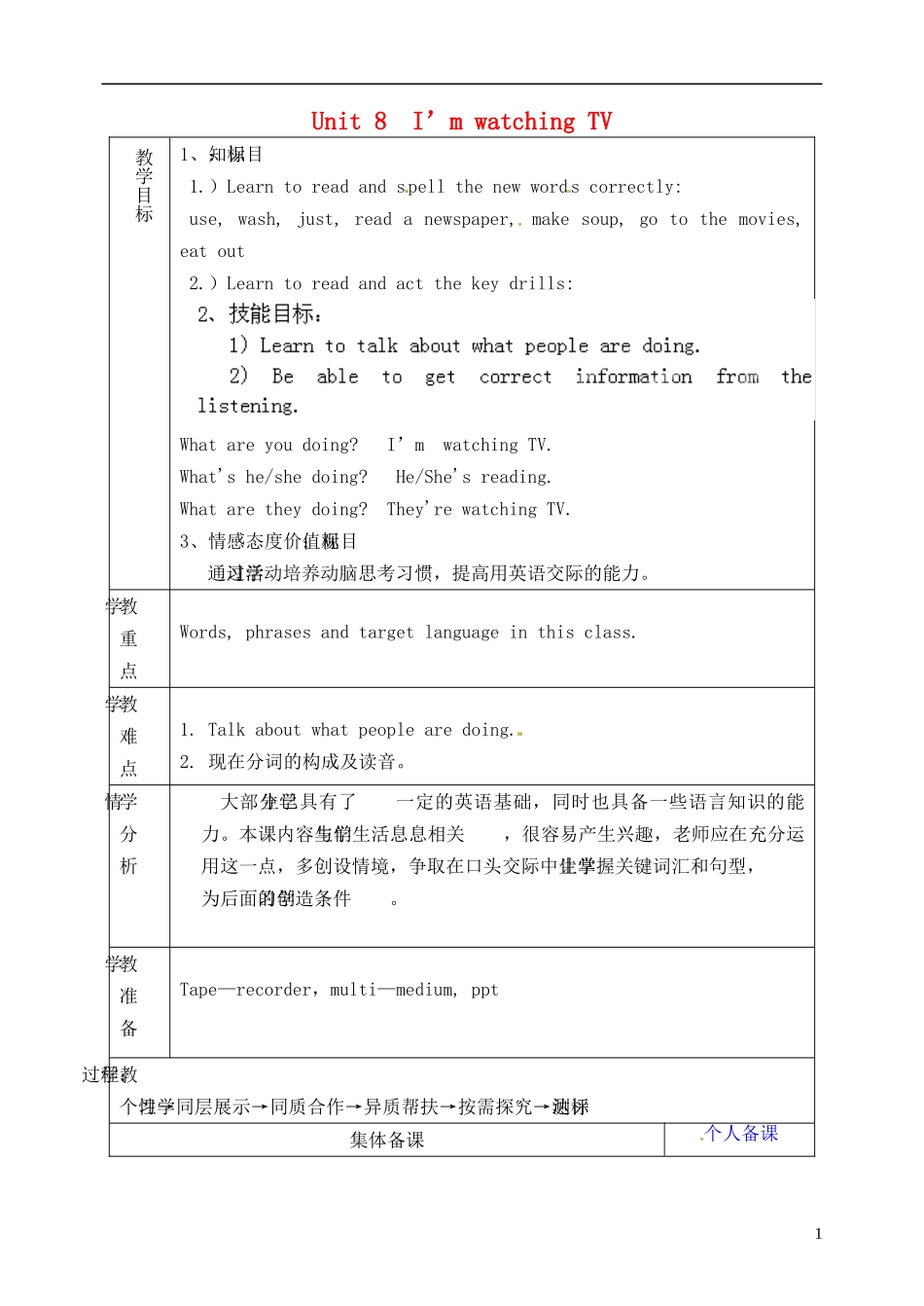 山东省淄博市临淄区第八中学六年级英语下册 Unit 8 I'm watching TV（第1课时）教学设计 鲁教版五四制_第1页