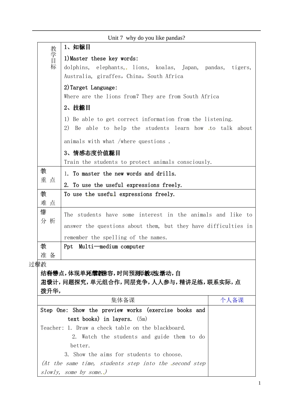 山东省淄博市临淄区第八中学六年级英语下册 Unit 7 Why do you like pandas（第3课时）教学设计 鲁教版五四制_第1页