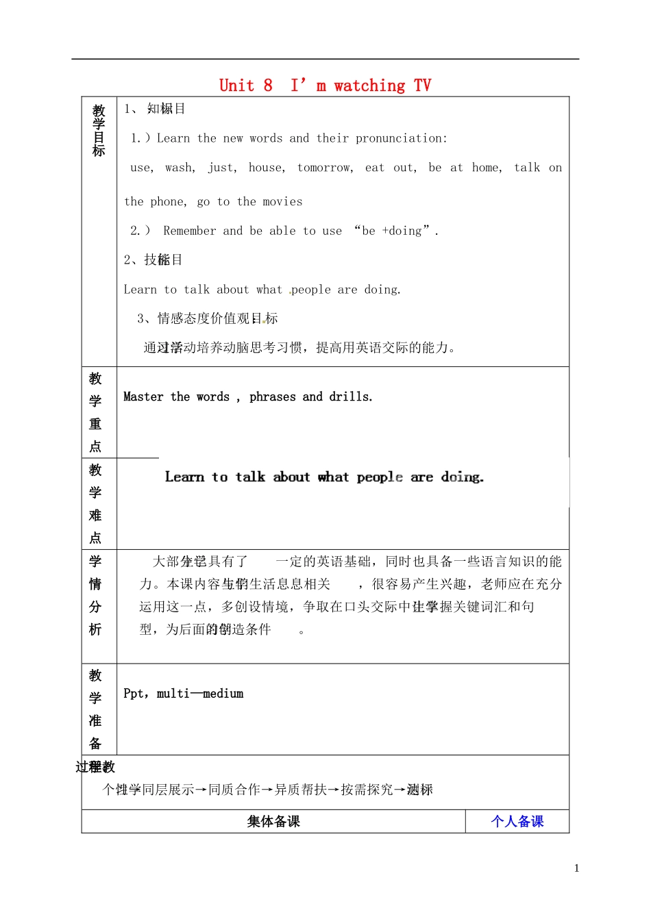 山东省淄博市临淄区第八中学六年级英语下册 Unit 8 I'm watching TV（第2课时）教学设计 鲁教版五四制_第1页