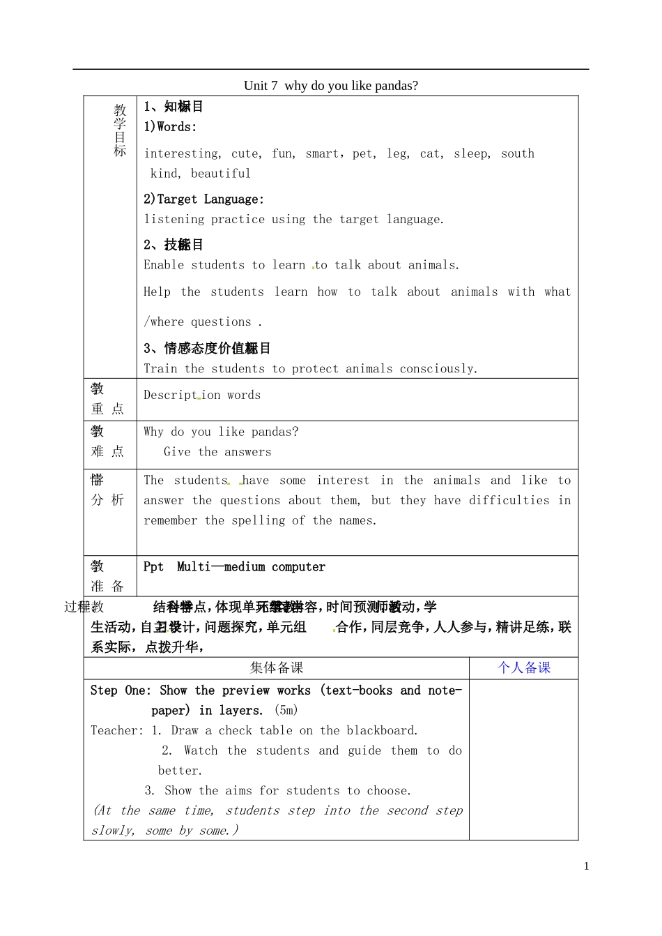 山东省淄博市临淄区第八中学六年级英语下册 Unit 7 Why do you like pandas（第2课时）教学设计 鲁教版五四制_第1页