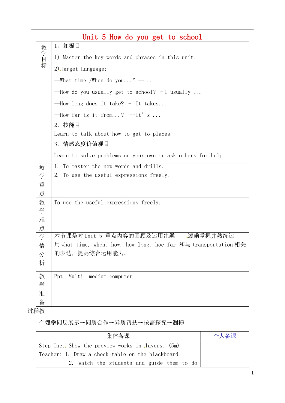 山东省淄博市临淄区第八中学六年级英语下册 Unit 5 How do you get to school（第6课时）教学设计 鲁教版五四制_第1页