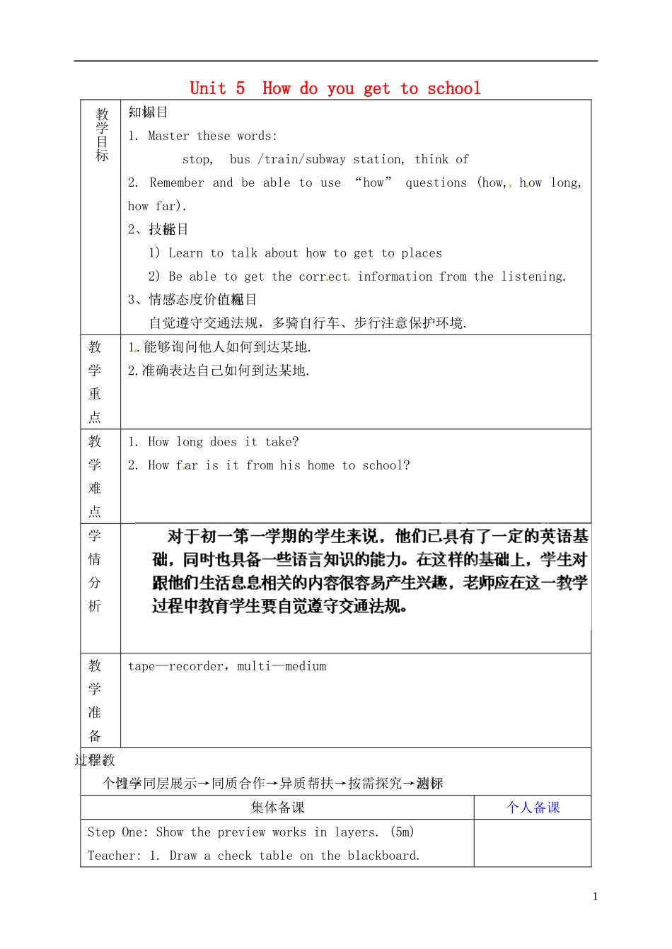 山东省淄博市临淄区第八中学六年级英语下册 Unit 5 How do you get to school（第3课时）教学设计 鲁教版五四制_第1页