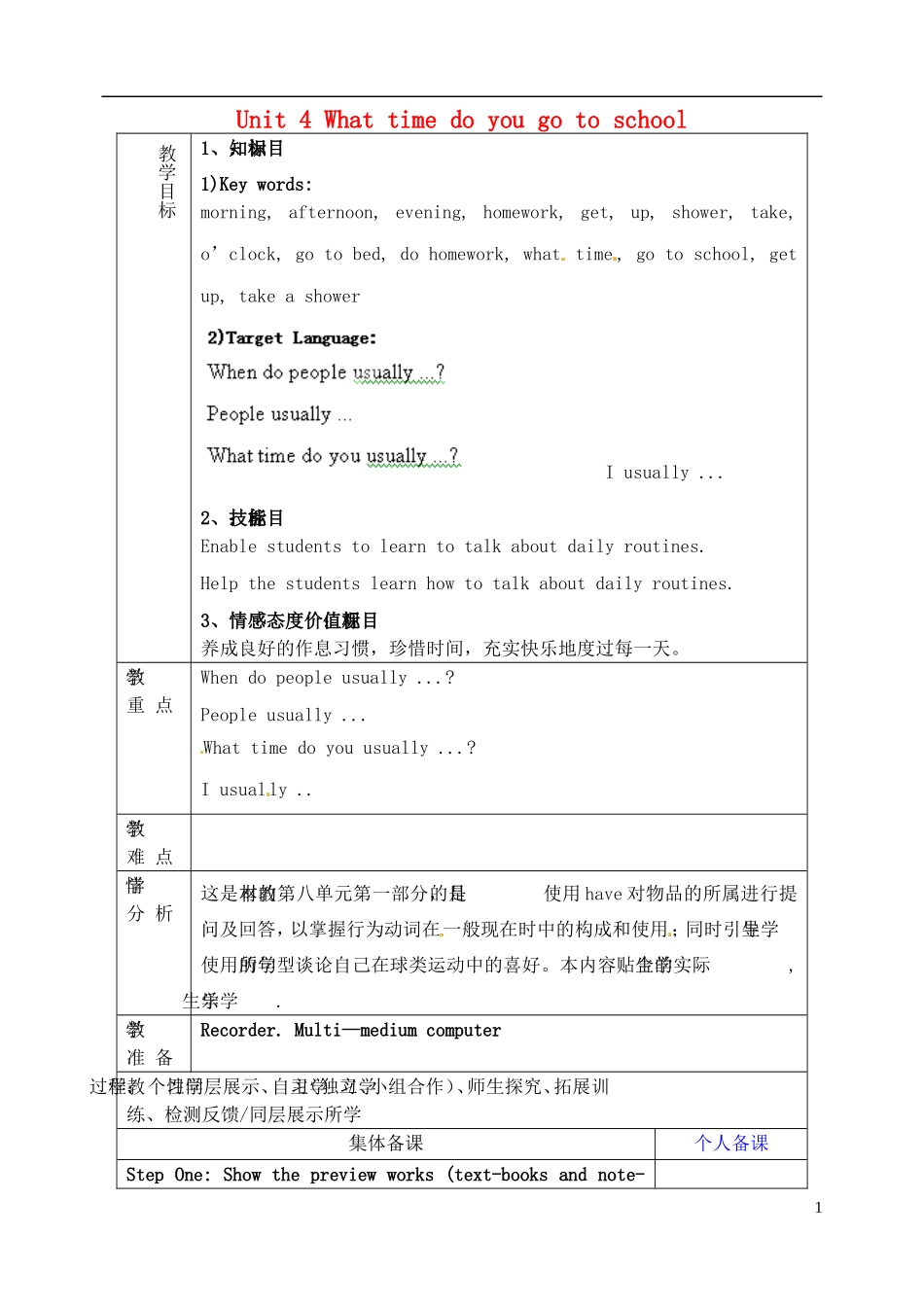 山东省淄博市临淄区第八中学六年级英语下册 Unit 4 What time do you go to school（第1课时）教学设计 鲁教版五四制_第1页